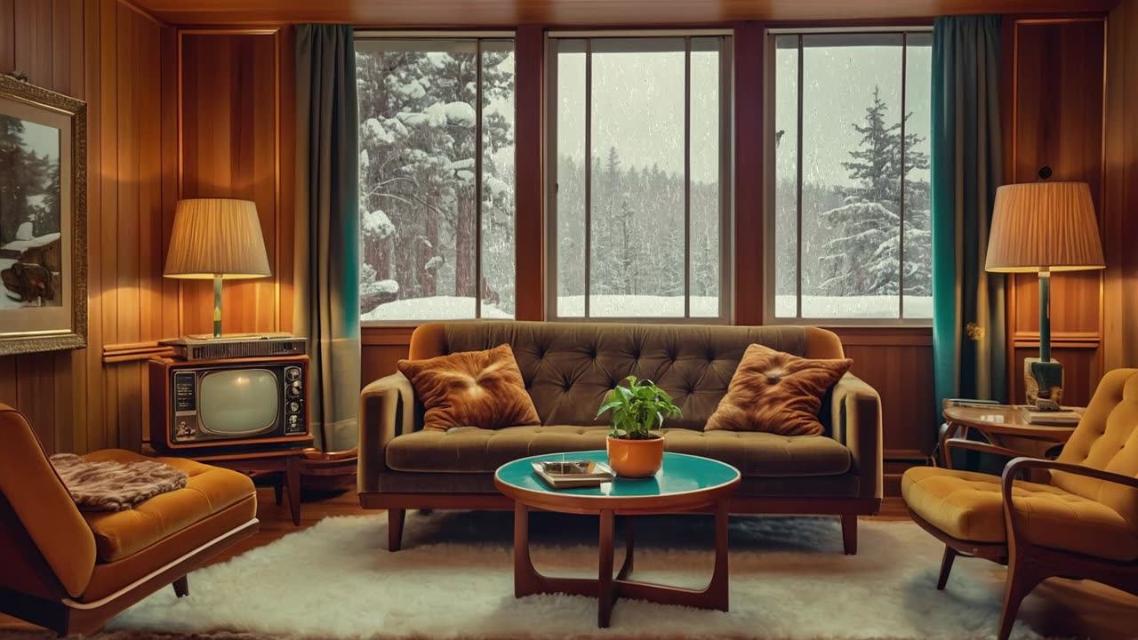 Cozy 1970s Living Room Ambience with Snowfall & Relaxing Music (2 Hours)