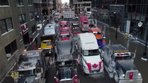 Drone view corner of Queen and Kent downtown for freedom convoy rally 1-30-2022