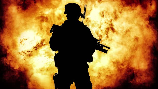 Soldiers Silhouette On Background Of Explosion Free To Use Loop Video (No Copyright)