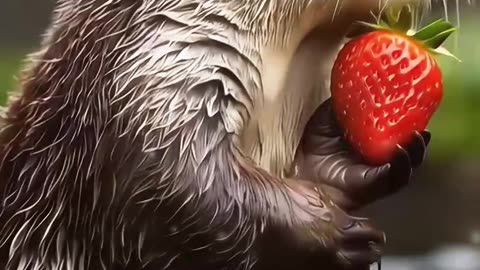 Watch the Cutest Otter Baby Enjoying a Strawberry in 4K! 🍓🦦