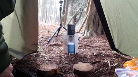 Making a coffee in the tent. Woodland wildcamping 22nd Jan 2023