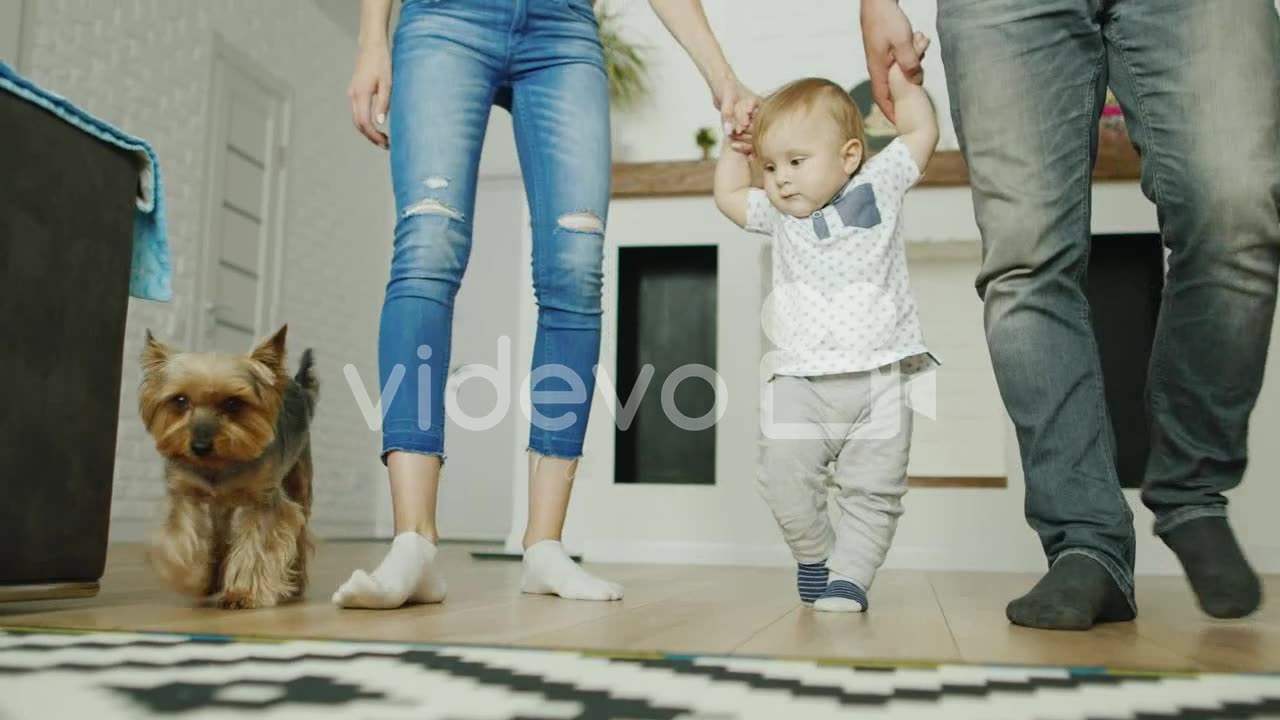Parents Are Taught To Walk A Little Boy At Home