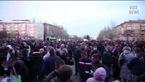 2014, Donetsk, Ukraine - protests with Russian flags and song