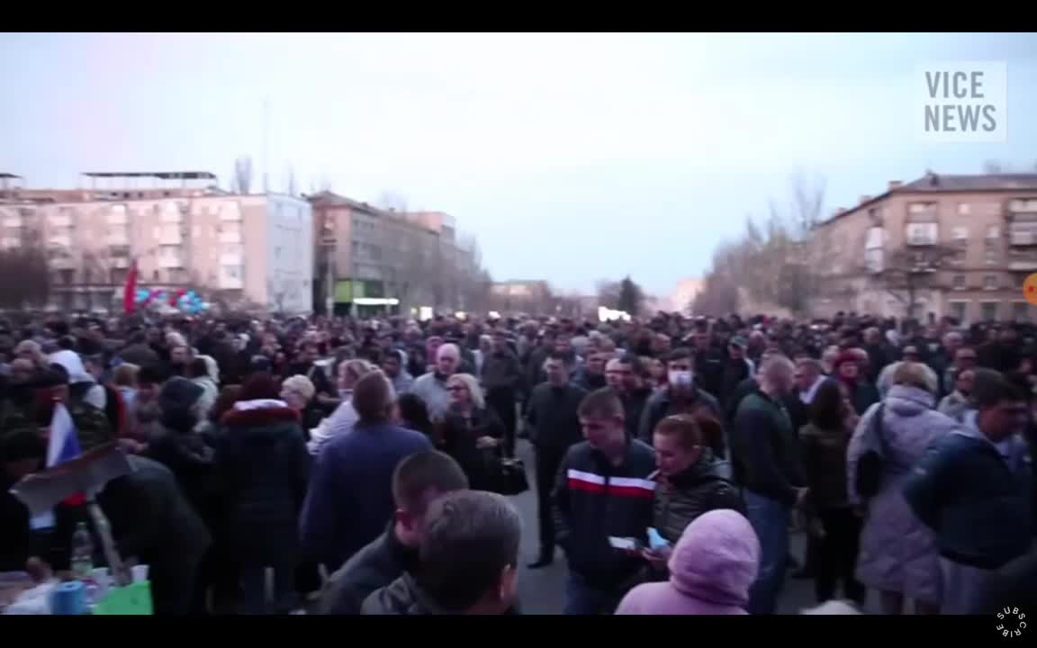 2014, Donetsk, Ukraine - protests with Russian flags and song