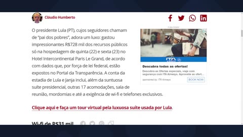 Lula e Janja custou em hotel de alto luxo R$728 mil por 2 dias