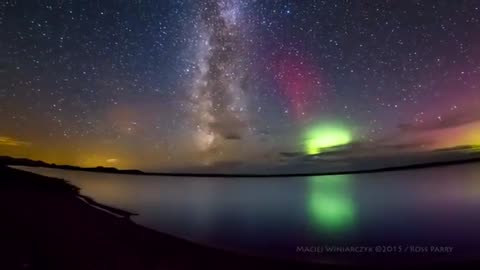 Milky Way timelapse photobombed by the Aurora Borealis over Loch More in Scotland