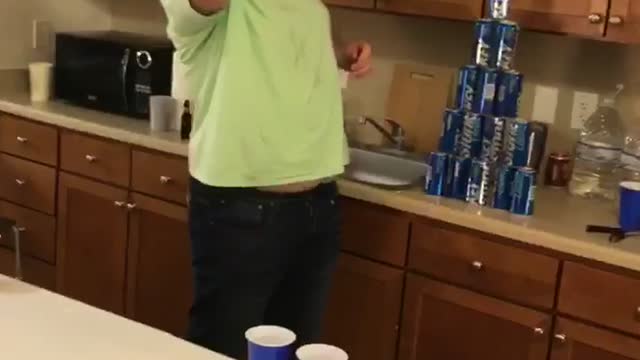 Nsfw fat guy in green shirt shotguns beer