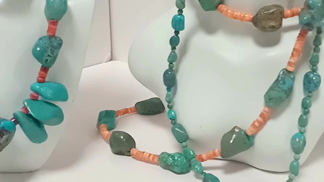 Irregular Natural turquoise with red spiny oyster simple necklace full strand 30inch for Gift 04