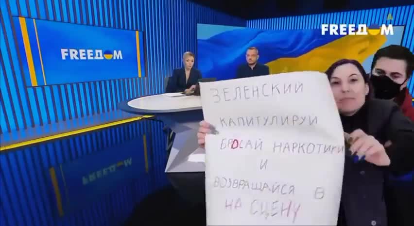 Journalist interrupts Ukrainian TV broadcast calling Zelensky a drug addict.