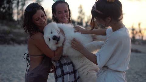 Women holding a dog