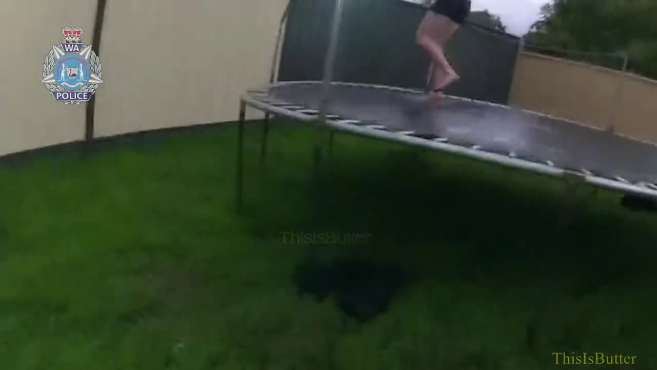 Bodycam shows man attempt to escape police by jumping out the window and using a trampoline