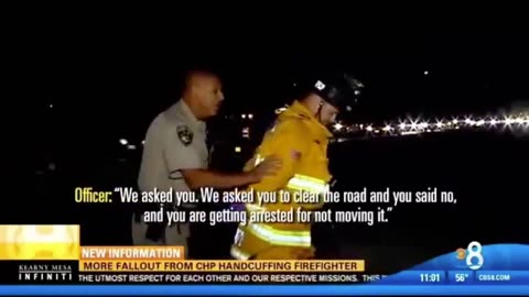 Cop arrests fire fighter attending to a wounded civilian as fire truck was 1 mm over the line.