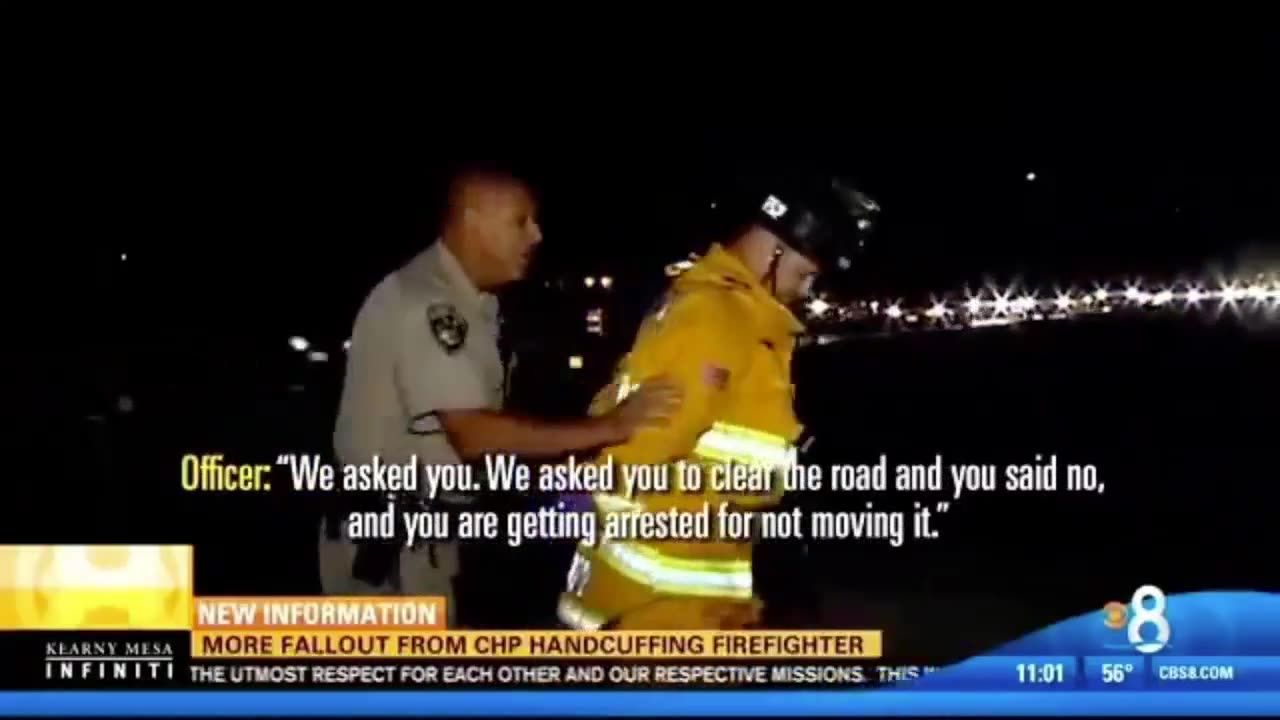Cop arrests fire fighter attending to a wounded civilian as fire truck was 1 mm over the line.