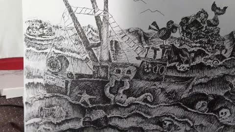 Black pen folk art of a fishing boat