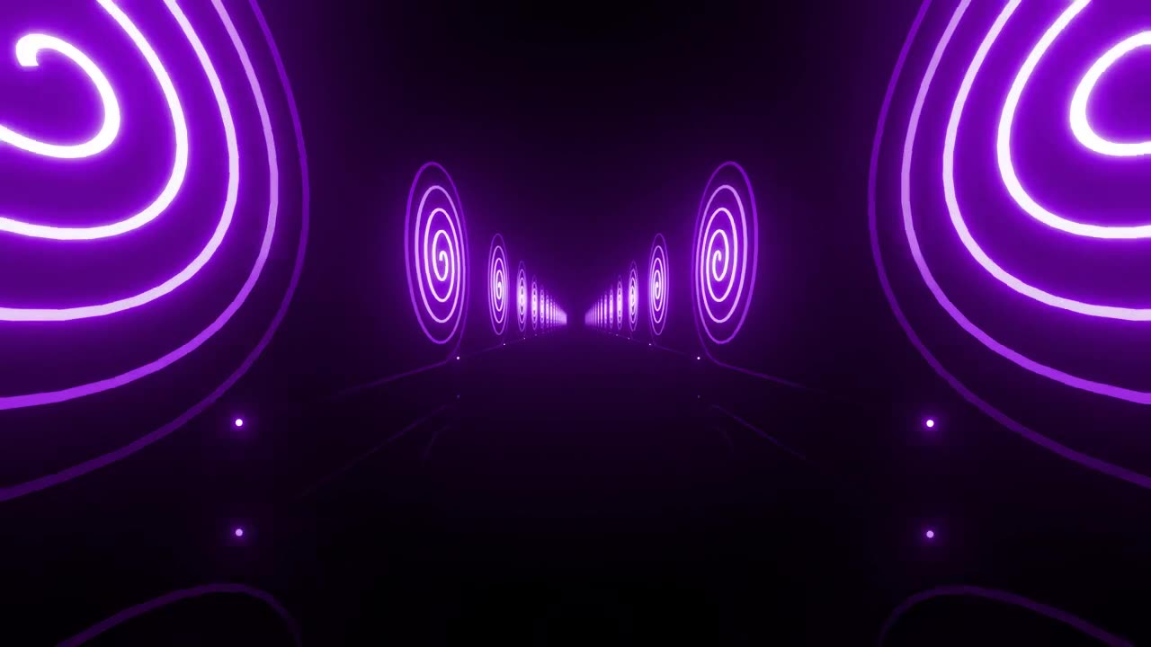 Corridor walls with spirals of purple neon lights