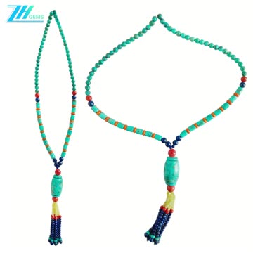 Natural turquoise and orange red coral lapis lazuli and citrine Tassel Traditional gemstone necklace