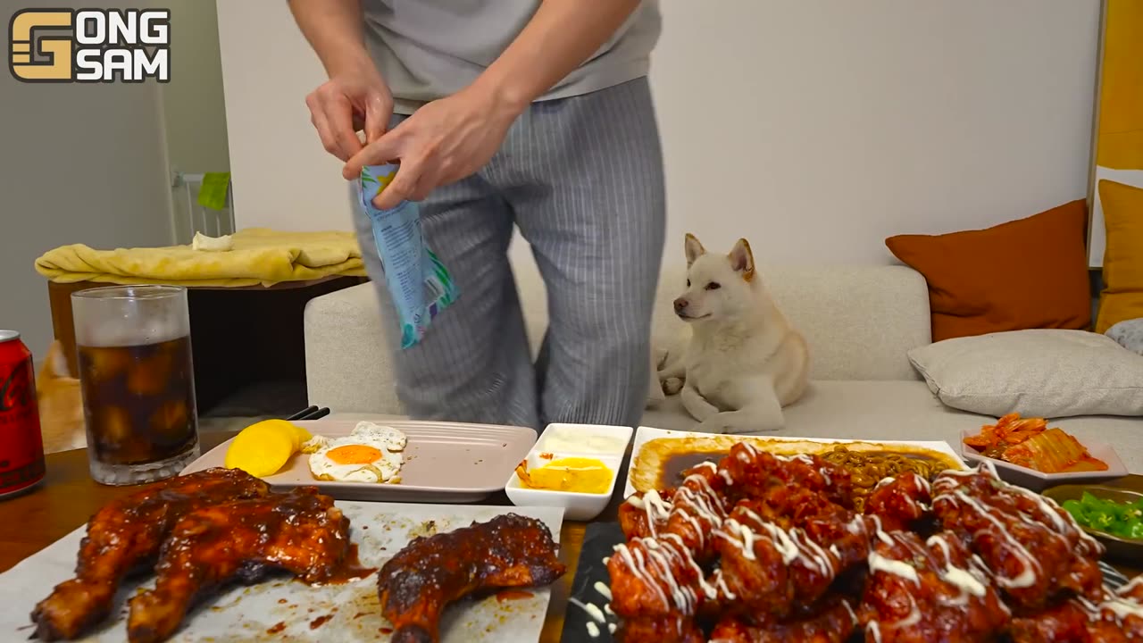 ASMR MUKBANG | Giant BBQ Chicken Drumsticks, black bean noodles, fried egg recipe ! eating