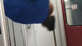 Guy holds onto ceiling handrail on subway, does backflip and falls