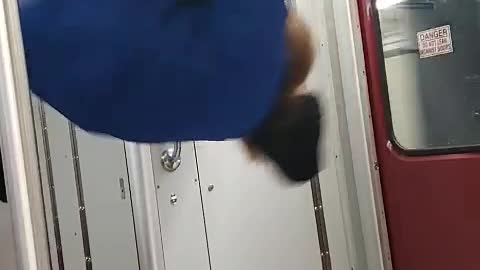 Guy holds onto ceiling handrail on subway, does backflip and falls