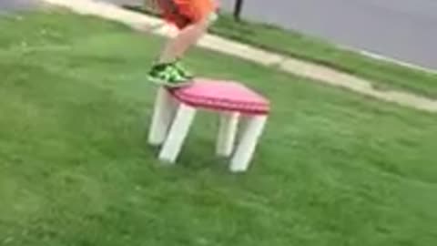 Orange shorts stool rushed faceplant