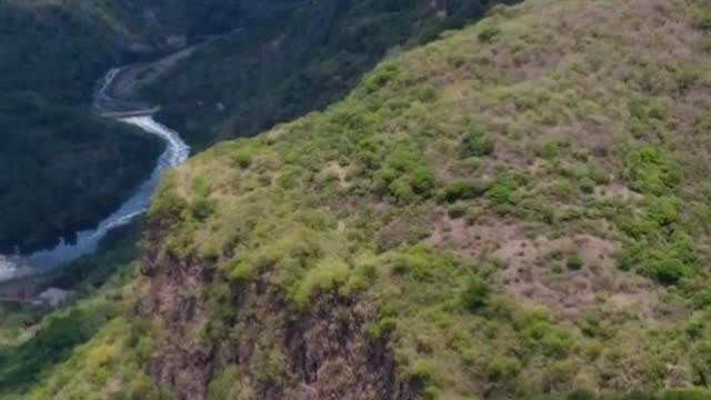 Fly over a huge canyon covered in vegetation