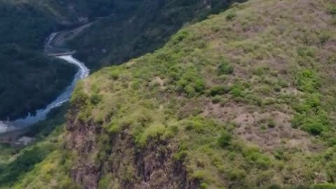 Fly over a huge canyon covered in vegetation