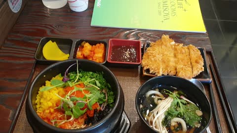 Korean flying fish egg bibimbap and udon