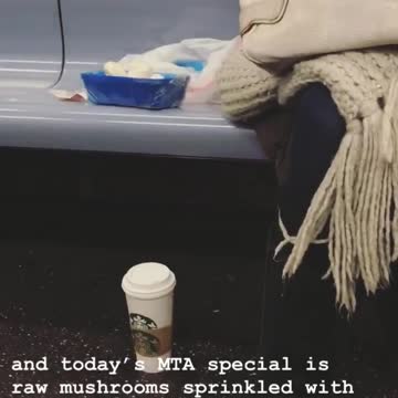 Woman eats raw mushroom sprinkled with splenda on subway train