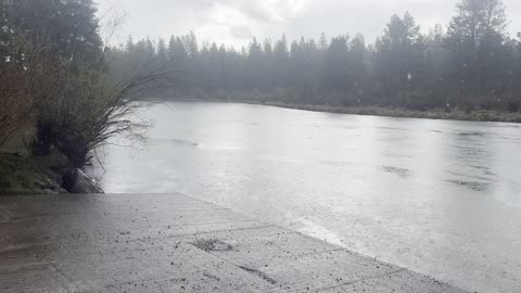 Arriving at a Boat Dock in the Rain Along Deschutes River Trail – Central Oregon – 4K