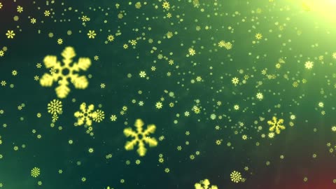 Snowing golden snowflakes on green background