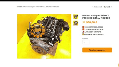 AEPSPIECES.COM - Moteur complet BMW 5 F10 3.0D 245cv N57D30