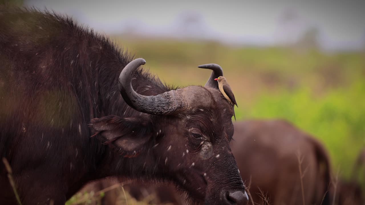 African wild buffalo with a bird friend - 4k slow motion