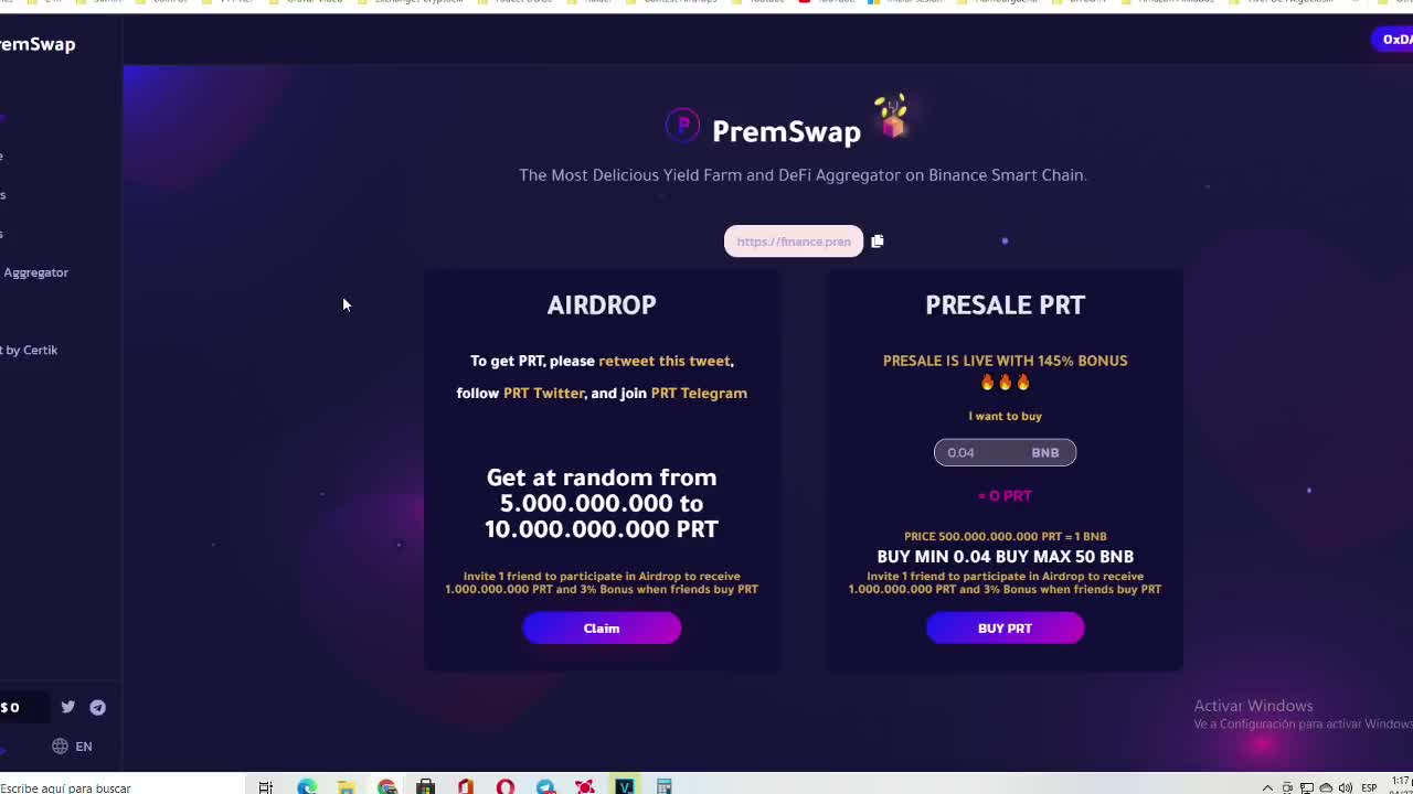 AIRDROP PAGANDO NA HORA DA PREMSWAP DE 5 A 10 BILHOES DE TOKENS COBRA FEE DE 2 DOLARES