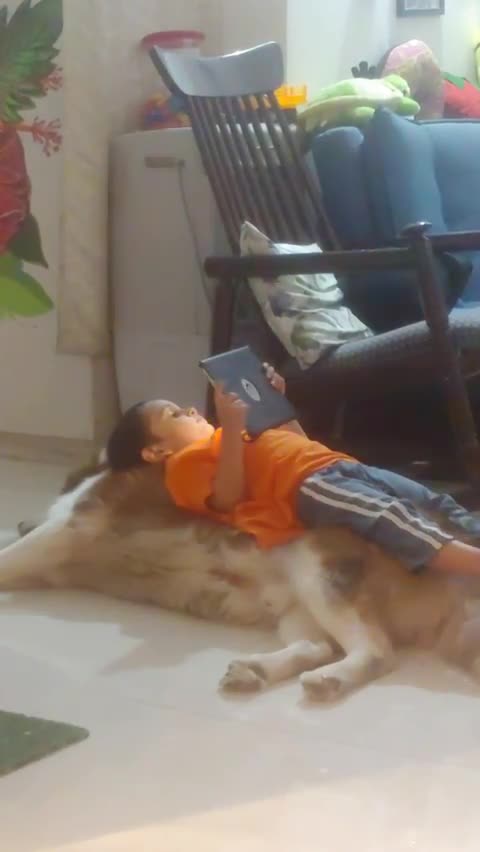 Little boy plays with tablet while lying on top of Golden Retriever