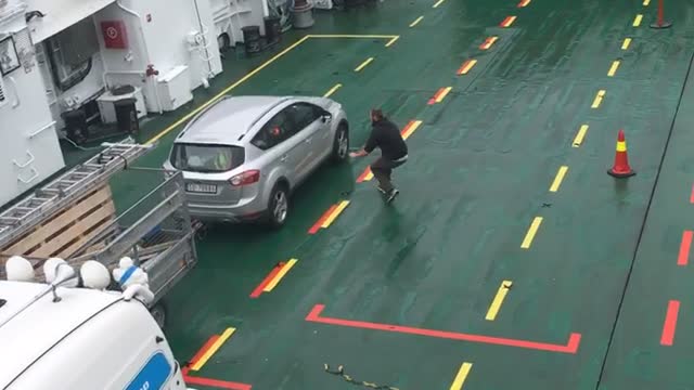 Driverless Car Slides on Ferry Deck