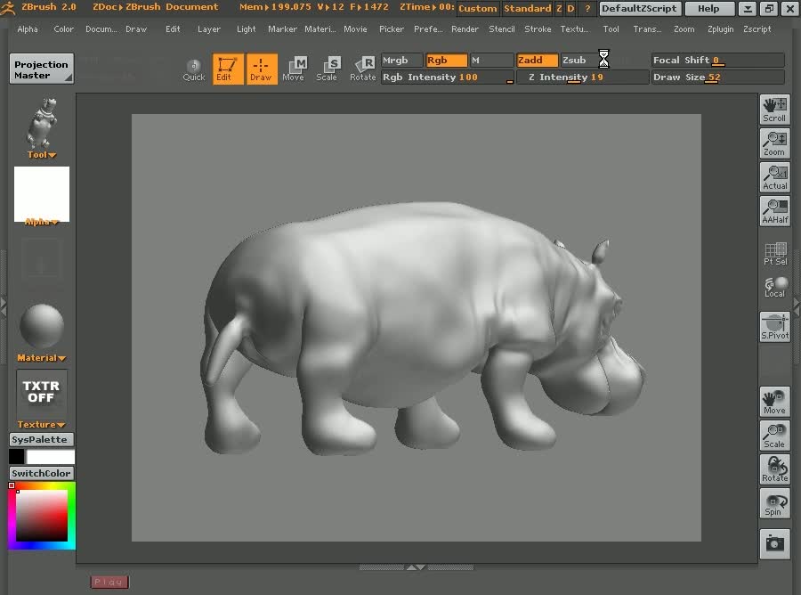 Use the tools in the software to refine the belly of the hippo