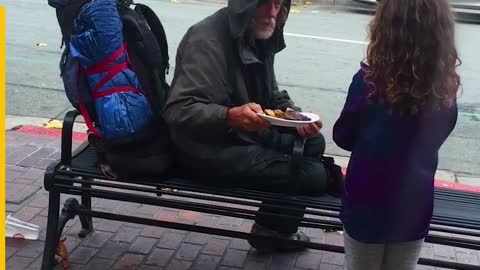 Adorable Little Girl Gives Food To Homeless