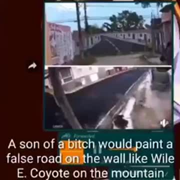 Some guy painted a fake road on the wall like something out of Wile E Coyote ...