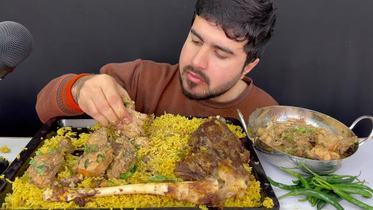 ASMR; EATING 2 SPICY MUTTON LEGS BIRYANY+WHITE CHICKEN CURRY+GREEN CHILLIES || REAL MULBANG