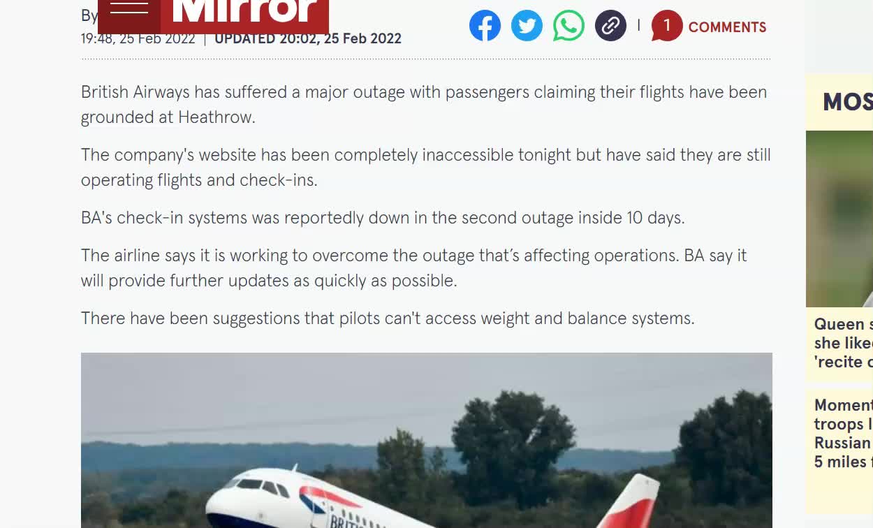 British Airways Suffers Major Outage With 'Flights Grounded at Heathrow Airport'