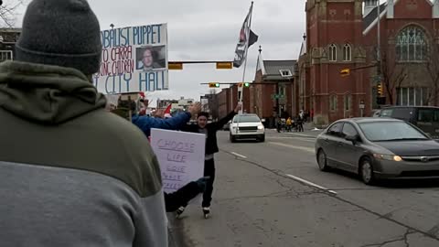 Protester on Roller Skates with F🍁ck Trudeau Flag