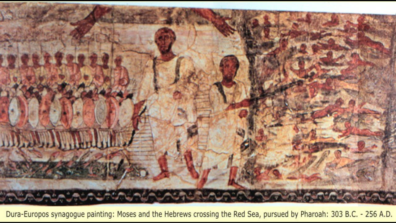 Dura Europos 250 A.D Painting: Hand of God, Moses, Aaron with the Hebrew Israelites and Egyptians.