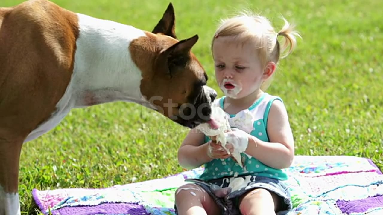 Funny dog, little girl and ice cream cone stock video