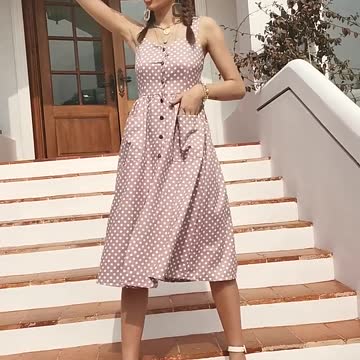 Simple Casual Dot Dress Sleeveless Holiday style high waist buttoned women's Dress