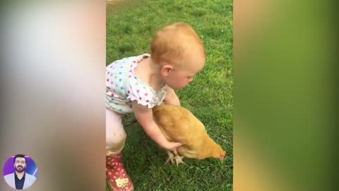 Funny baby and chickens