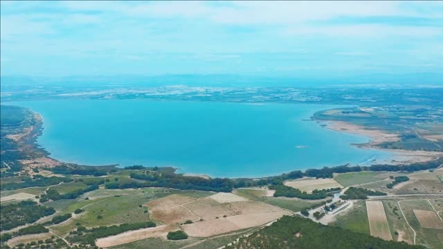 flying drone over the salt lake near the town of torrevieja in spain