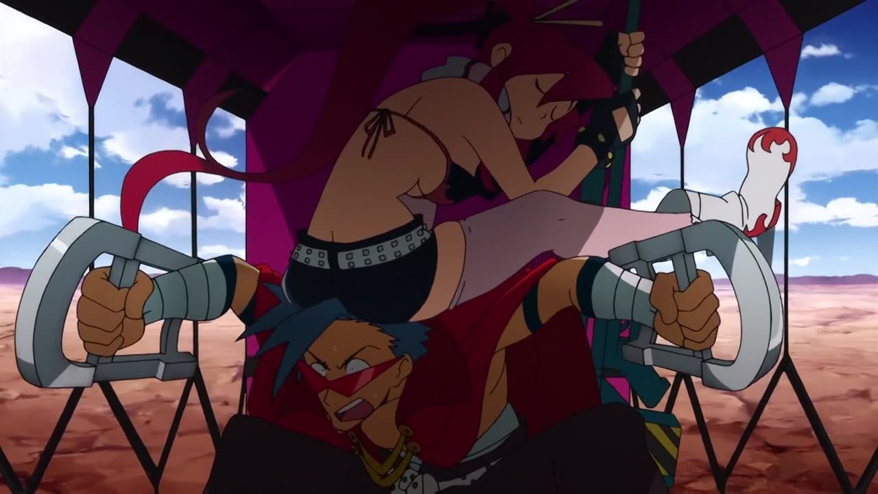 Gurren Lagann - Yoko sitting on top of Kamina