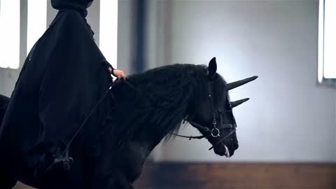 Slow Motion Black Robe Riding Black Horse With Horn