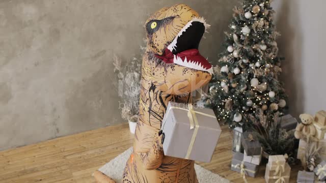 Huge inflatable dinosaur is shaking a gift box