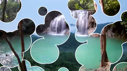 Beautiful nature of mountains, trees, waterfalls, sea
